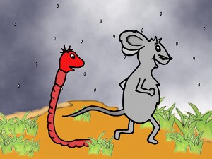 Der Regenwurm sieht die Maus schnell durch den Regen rennen.