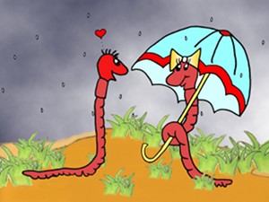 Der Regenwurm trifft die Regenwurmfrau mit ihrem Regenschirm.