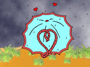 Regenwurm und Regenwurmfrau ringeln sich zu einem Herzen unter dem Regenschirm.
