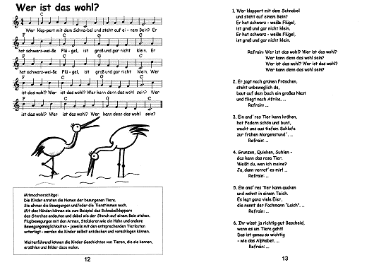 Doppelseitenansicht des Liederbuchs, hier das Lied „Wer ist das wohl?“ mit Noten, Text (Strophen und Refrain), Gitarrenakkorden, Mitmachvorschlägen und Zeichnungen.